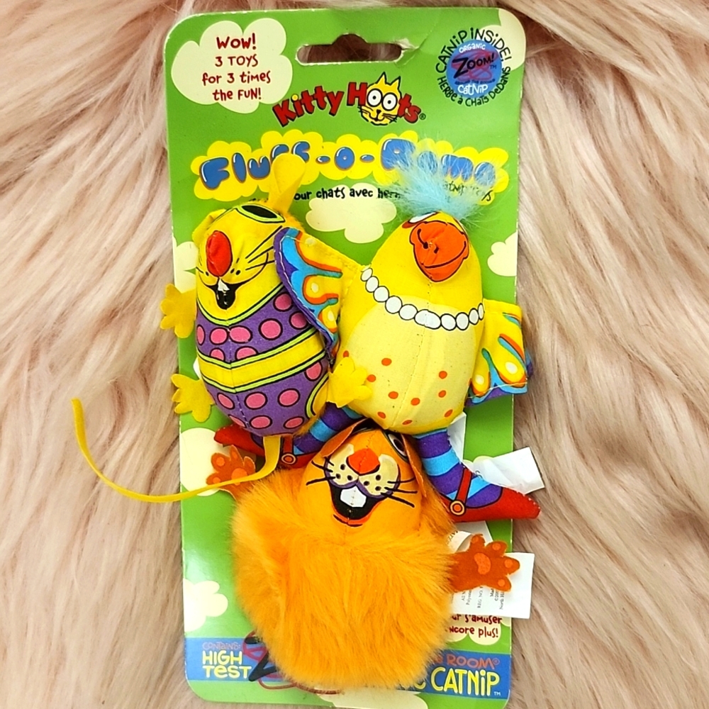 Y2K!! Brand New FAT CAT KITTY HOOTS FLUFF-O-RAMA CATNIP TOYS-3CT.